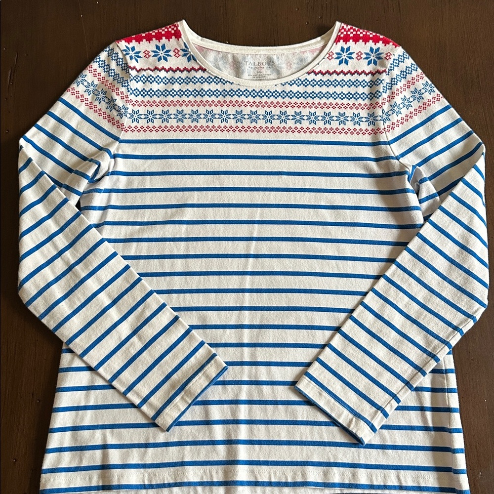 Women’s Talbots Petite Striped Fair Isle Long Sleeve Top MP Red Blue